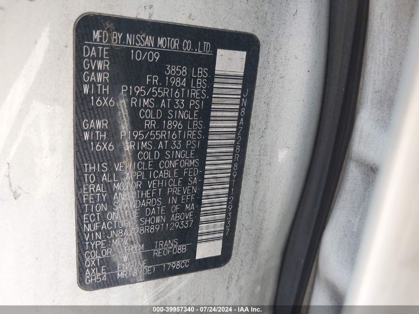 2009 Nissan Cube 1.8Sl VIN: JN8AZ28R89T129337 Lot: 39957340