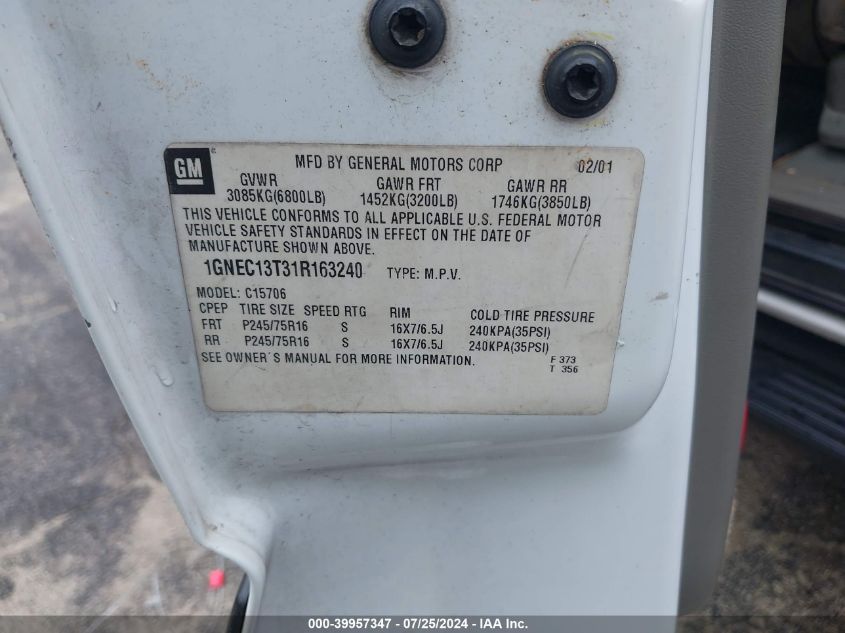2001 Chevrolet Tahoe Ls VIN: 1GNEC13T31R163240 Lot: 39957347