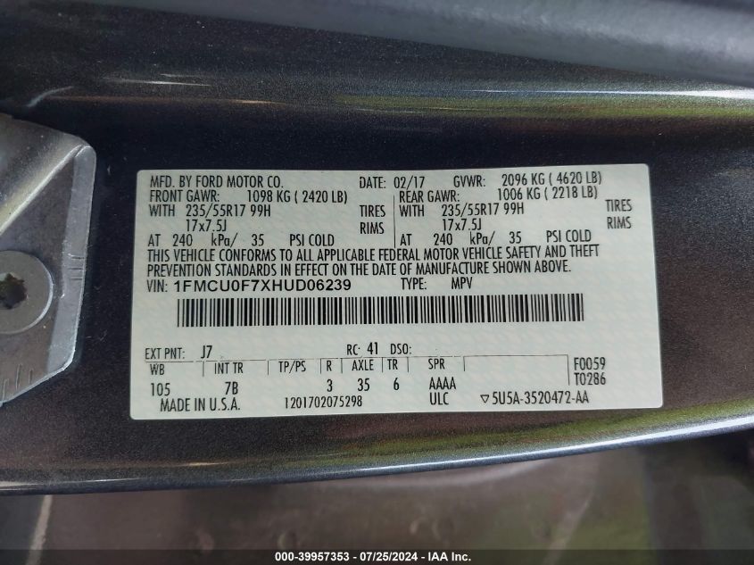 2017 Ford Escape S VIN: 1FMCU0F7XHUD06239 Lot: 39957353