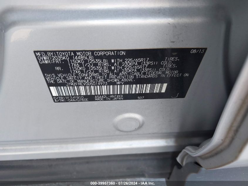 2013 Toyota Rav4 Le VIN: JTMZFREV0D5014973 Lot: 39957360