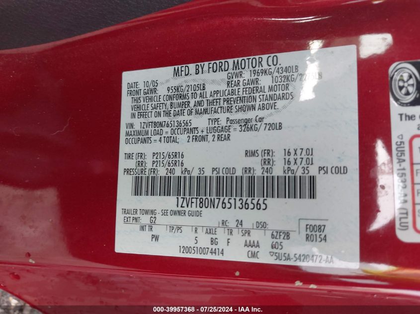 2006 Ford Mustang V6 VIN: 1ZVFT80N765136565 Lot: 39957368