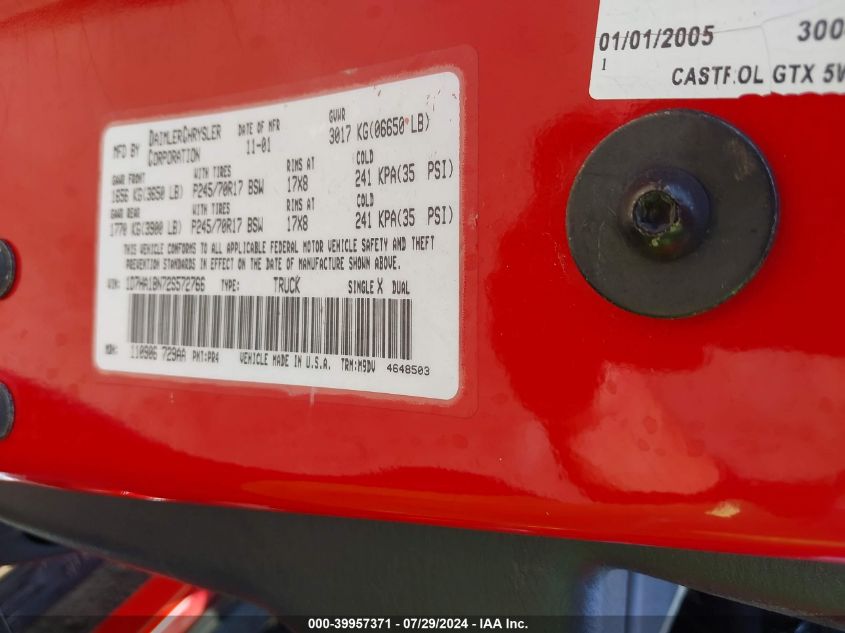 2002 Dodge Ram 1500 VIN: 1D7HA18N72S572766 Lot: 39957371