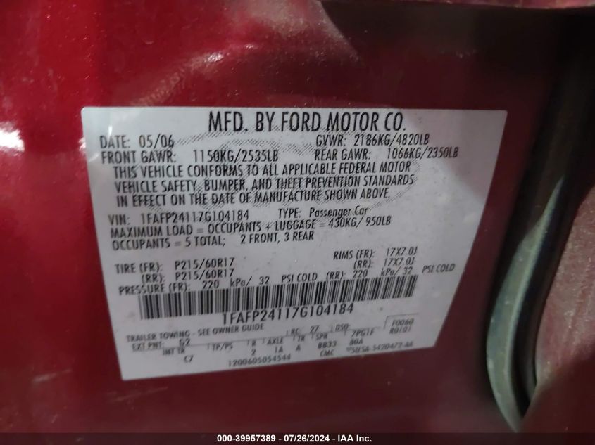 2007 Ford Five Hundred Sel VIN: 1FAFP24117G104184 Lot: 39957389