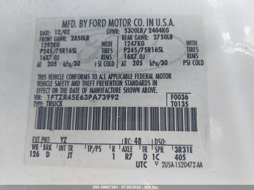 2003 Ford Ranger Super Cab VIN: 1FTZR45E63PA73992 Lot: 39957393