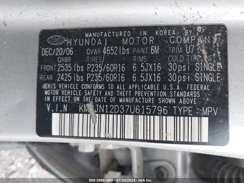 2007 Hyundai Tucson Limited/Se VIN: KM8JN12D37U615796 Lot: 39957400