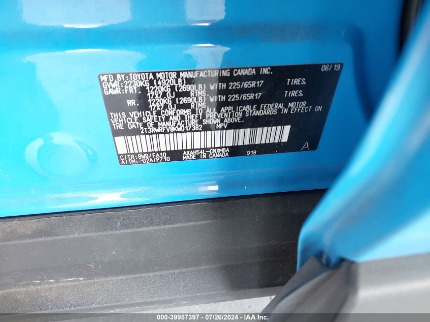 2019 Toyota Rav4 Hybrid Xle VIN: 2T3RWRFV8KW017382 Lot: 39957397