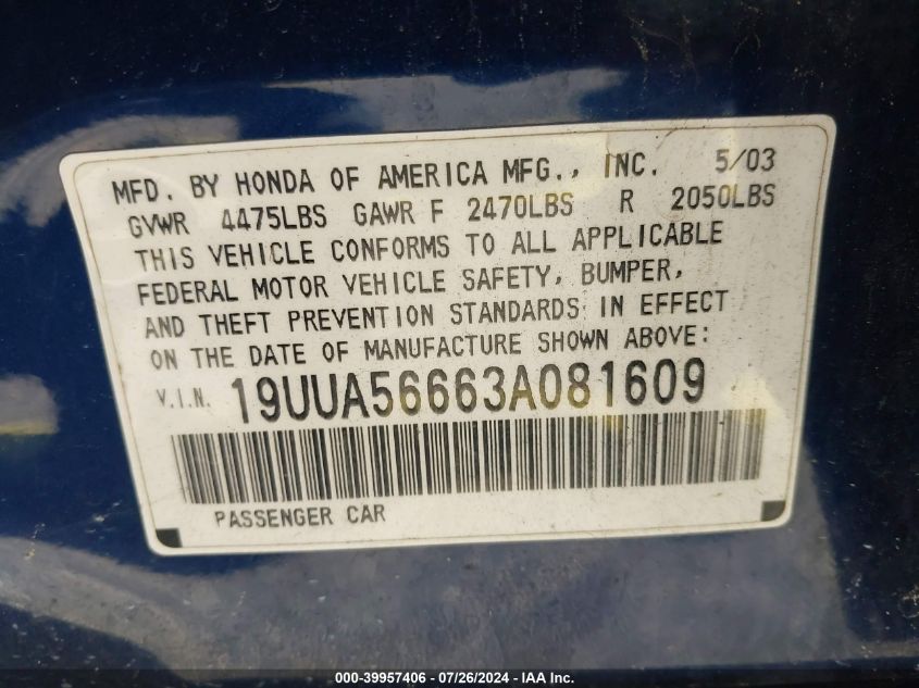 19UUA56663A081609 2003 Acura Tl 3.2