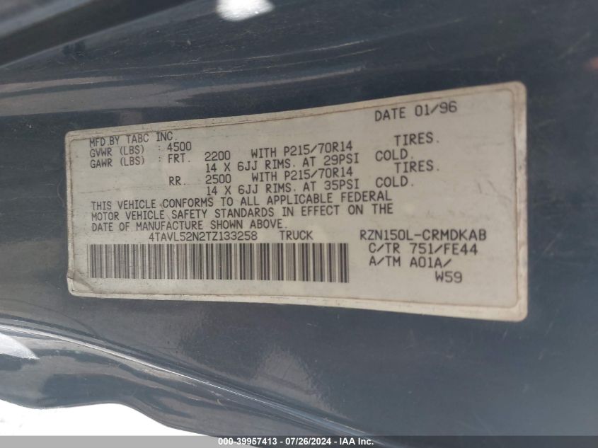 1996 Toyota Tacoma Xtracab VIN: 4TAVL52N2TZ133258 Lot: 39957413