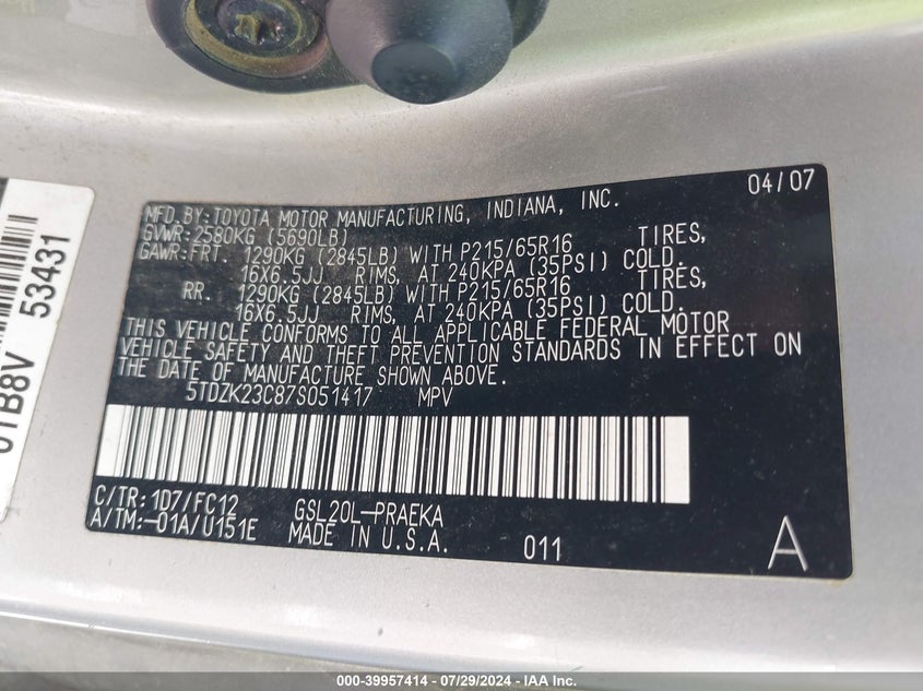 2007 Toyota Sienna Ce/Le VIN: 5TDZK23C87S051417 Lot: 39957414