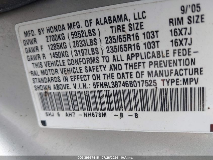 2006 Honda Odyssey Ex-L VIN: 5FNRL38746B017525 Lot: 39957415