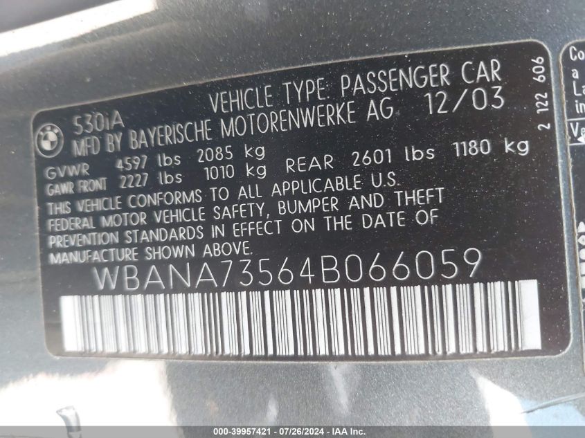 2004 BMW 530I VIN: WBANA73564B066059 Lot: 39957421