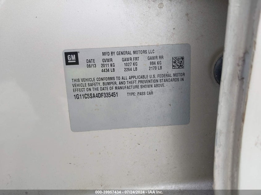 2013 Chevrolet Malibu 1Lt VIN: 1G11C5SA4DF335451 Lot: 39957434
