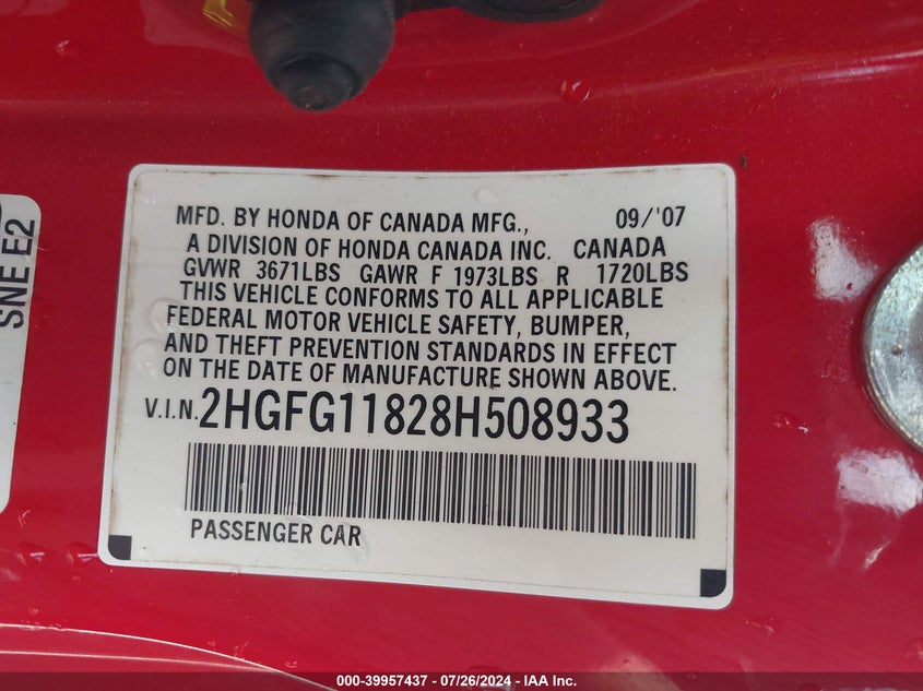 2008 Honda Civic Ex VIN: 2HGFG11828H508933 Lot: 39957437