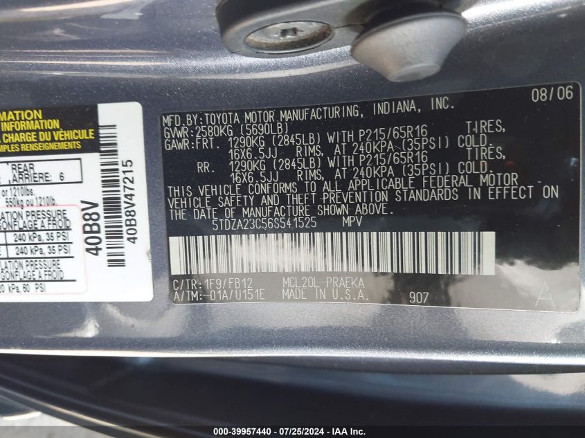 2006 Toyota Sienna Ce VIN: 5TDZA23C56S541525 Lot: 39957440