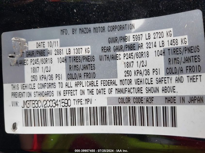 2012 Mazda Cx-9 VIN: JM3TB3CV2C0341590 Lot: 39957455