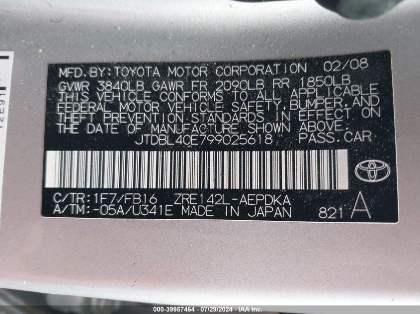 2009 Toyota Corolla Le/Xle VIN: JTDBL40E799025618 Lot: 39957464