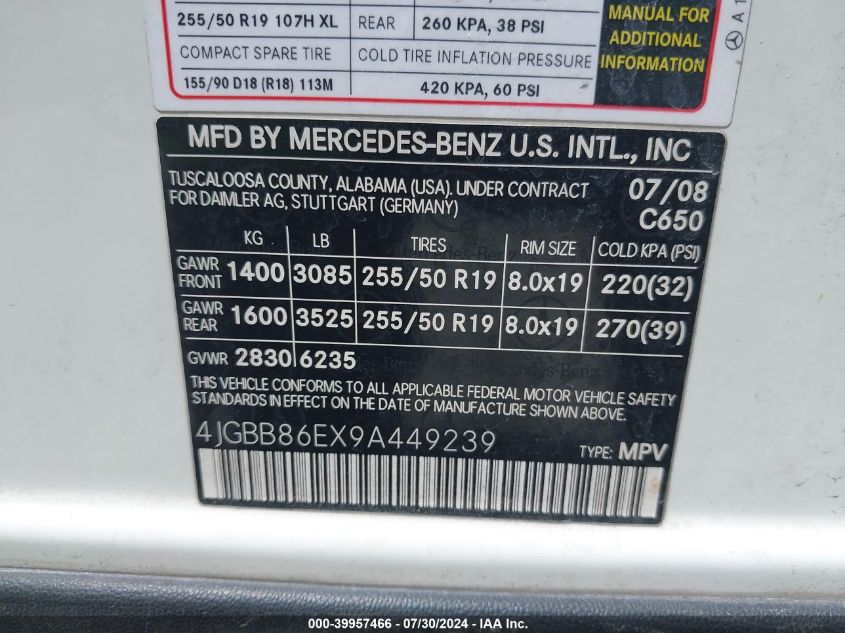 2009 Mercedes-Benz Ml 350 4Matic VIN: 4JGBB86EX9A449239 Lot: 39957466