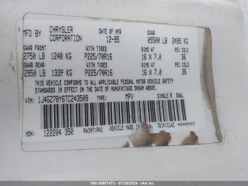 1996 Jeep Grand Cherokee Limited VIN: 1J4GZ78Y6TC243509 Lot: 39957473