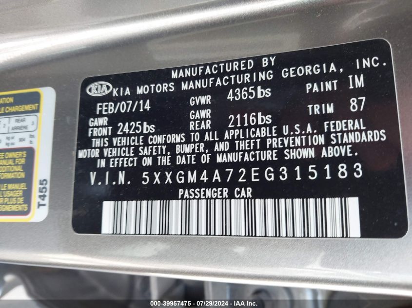 2014 Kia Optima Lx VIN: 5XXGM4A72EG315183 Lot: 39957475