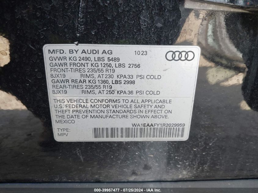 2024 Audi Q5 Premium Plus 45 VIN: WA1EAAFY1R2029959 Lot: 39957477