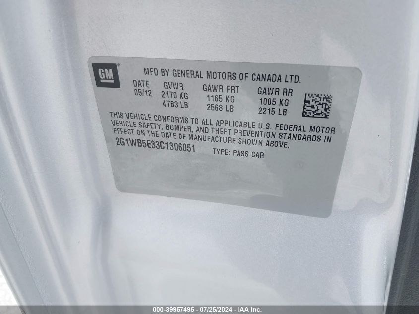 2012 Chevrolet Impala Lt VIN: 2G1WB5E33C1306051 Lot: 39957495