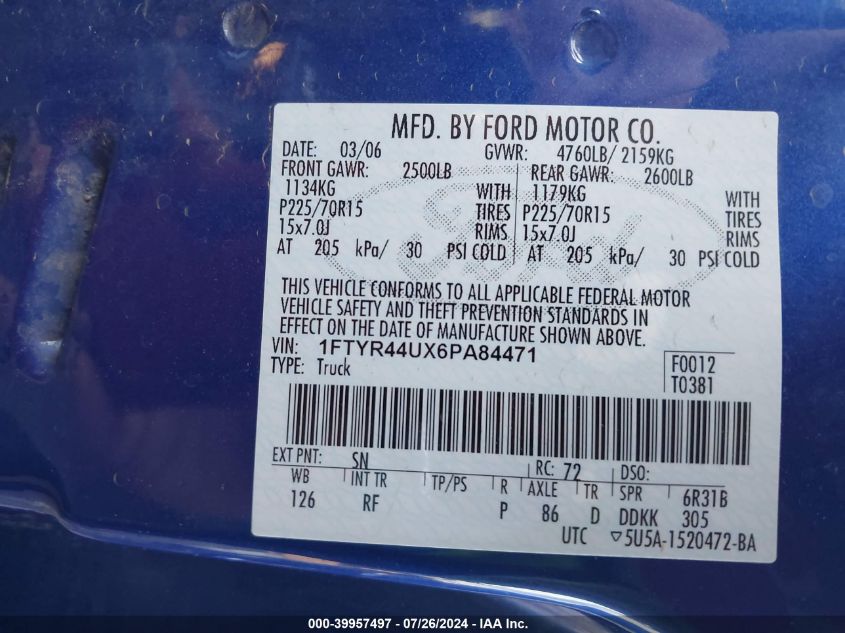 2006 Ford Ranger Super Cab VIN: 1FTYR44UX6PA84471 Lot: 39957497