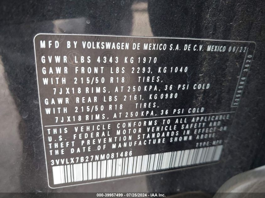 2022 Volkswagen Taos Se Iq Drive/Sel VIN: 3VVLX7B27NM081486 Lot: 39957499