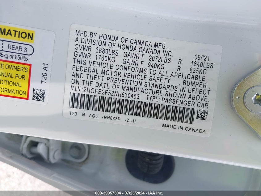 2022 HONDA CIVIC SPORT - 2HGFE2F52NH530453