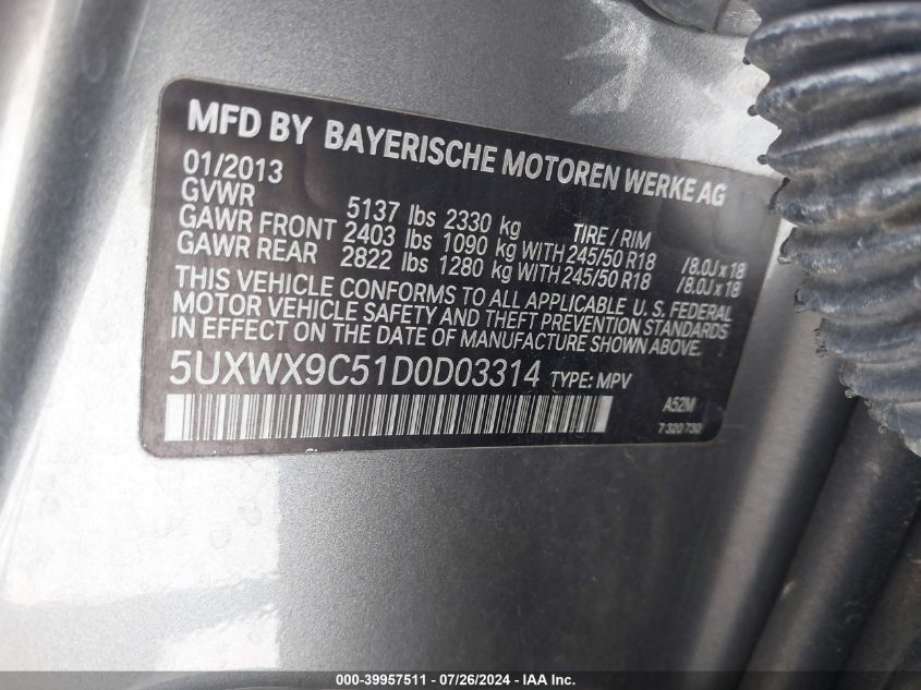 2013 BMW X3 xDrive28I VIN: 5UXWX9C51D0D03314 Lot: 39957511