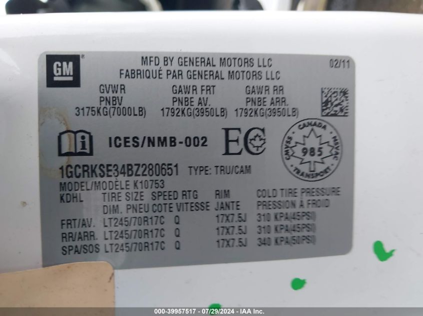 2011 Chevrolet Silverado 1500 K1500 Lt VIN: 1GCRKSE34BZ280651 Lot: 39957517