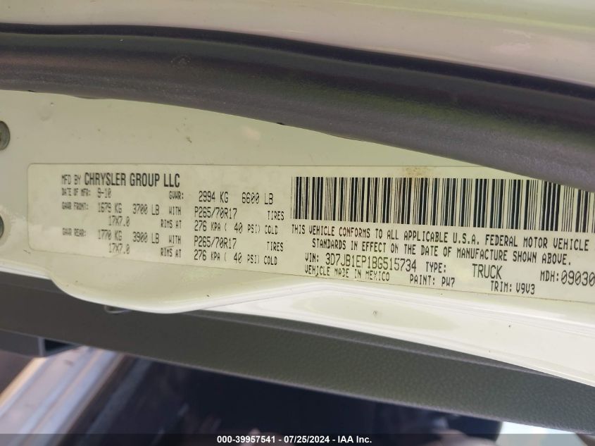 2011 Ram Ram 1500 Slt VIN: 3D7JB1EP1BG515734 Lot: 39957541