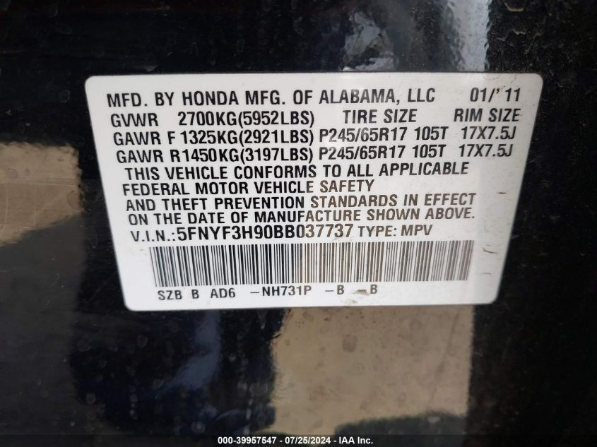 2011 Honda Pilot Touring VIN: 5FNYF3H90BB037737 Lot: 39957547