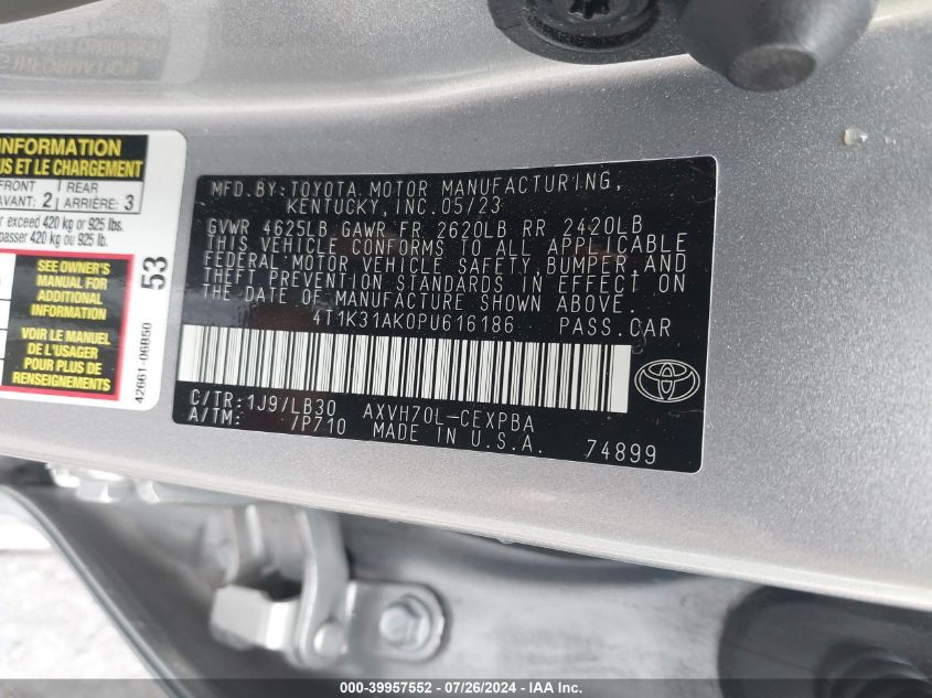 4T1K31AK0PU616186 2023 Toyota Camry Xse Hybrid