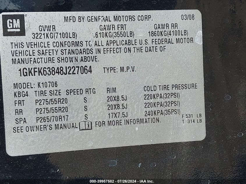 2008 GMC Yukon Denali VIN: 1GKFK63848J227064 Lot: 39957582