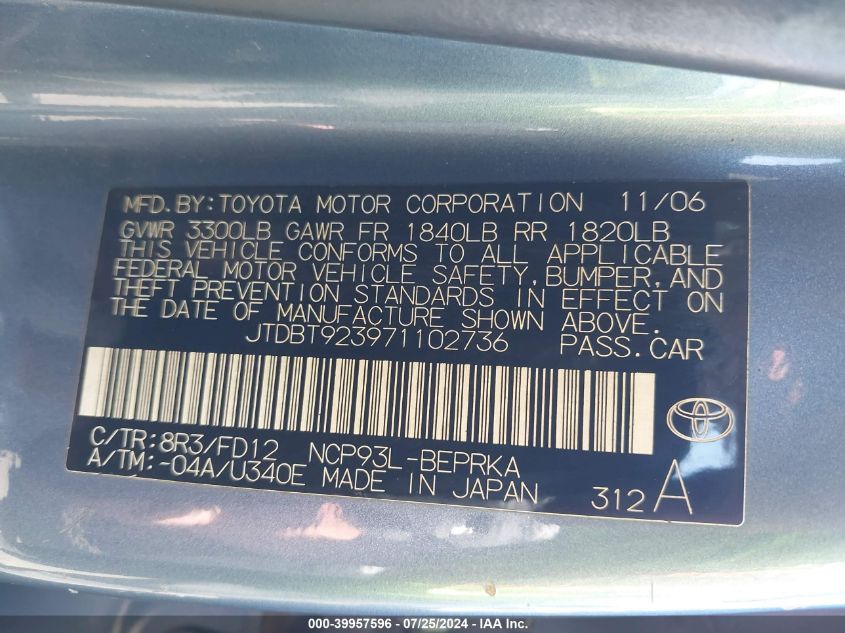 2007 Toyota Yaris S VIN: JTDBT923971102736 Lot: 39957596