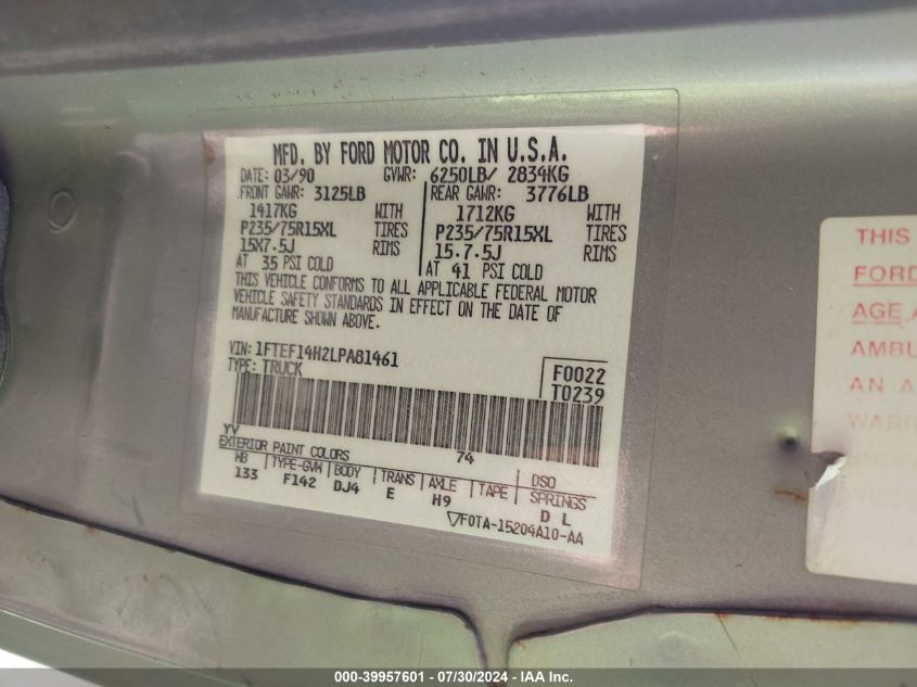 1990 Ford F150 VIN: 1FTEF14H2LPA81461 Lot: 39957601