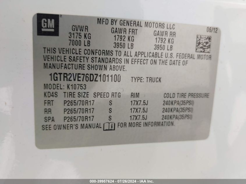 2013 GMC Sierra 1500 Sle VIN: 1GTR2VE76DZ101100 Lot: 39957624