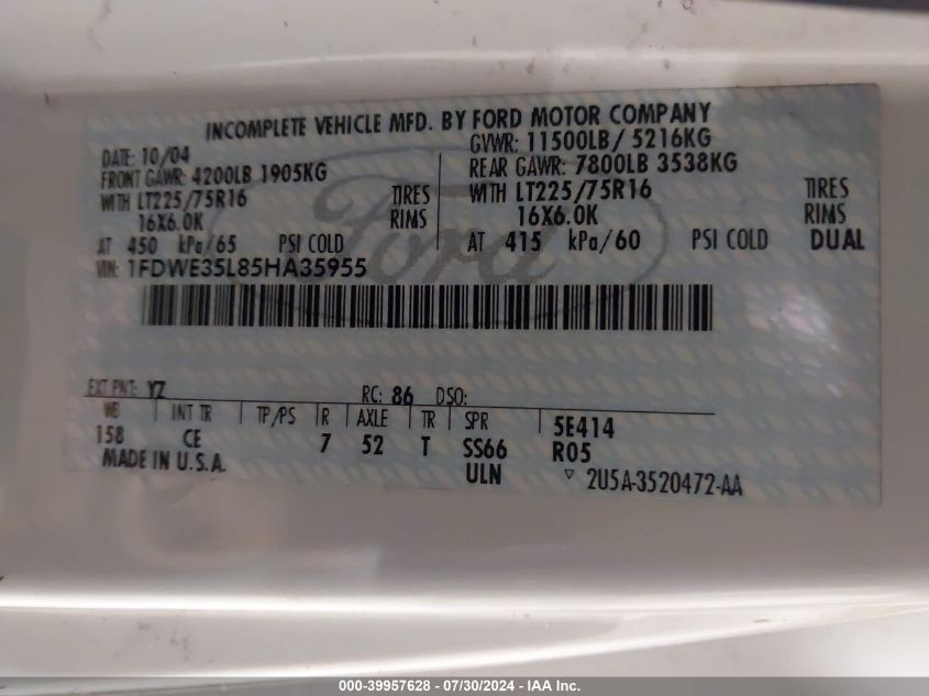 2005 Ford Econoline E350 Super Duty Ctway Van VIN: 1FDWE35L85HA35955 Lot: 39957628