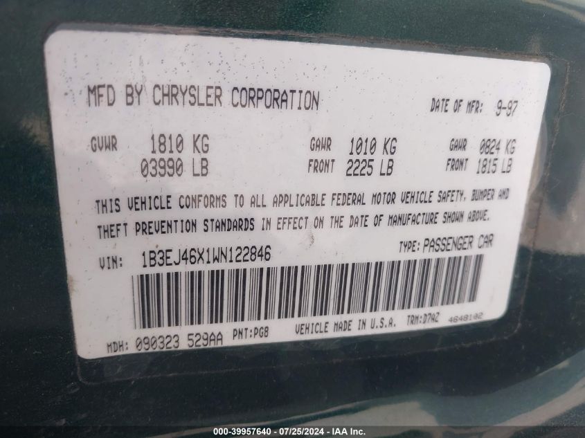 1998 Dodge Stratus VIN: 1B3EJ46X1WN122846 Lot: 39957640