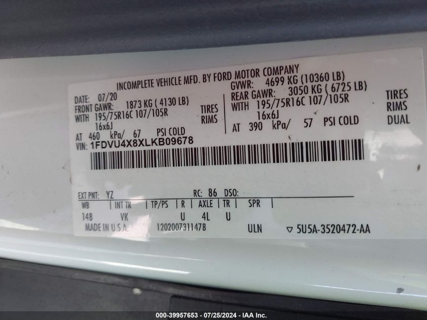 2020 Ford Transit Passenger Wagon Xl/Xlt VIN: 1FDVU4X8XLKB09678 Lot: 39957653