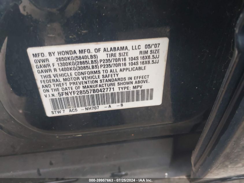 2007 Honda Pilot Ex-L VIN: 5FNYF28557B042771 Lot: 39957663