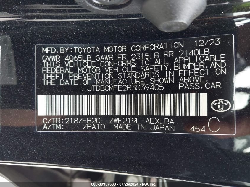 2024 Toyota Corolla Hybrid Le VIN: JTDBCMFE2R3039405 Lot: 39957680