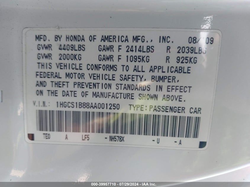 2010 Honda Accord Exl VIN: 1HGCS1B88AA001250 Lot: 39957710