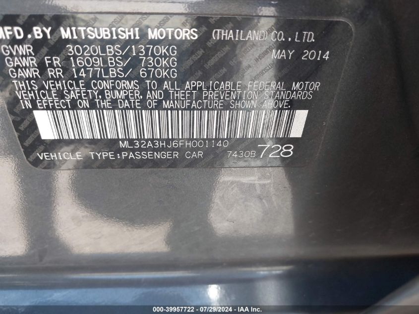 ML32A3HJ6FH001140 2015 Mitsubishi Mirage De