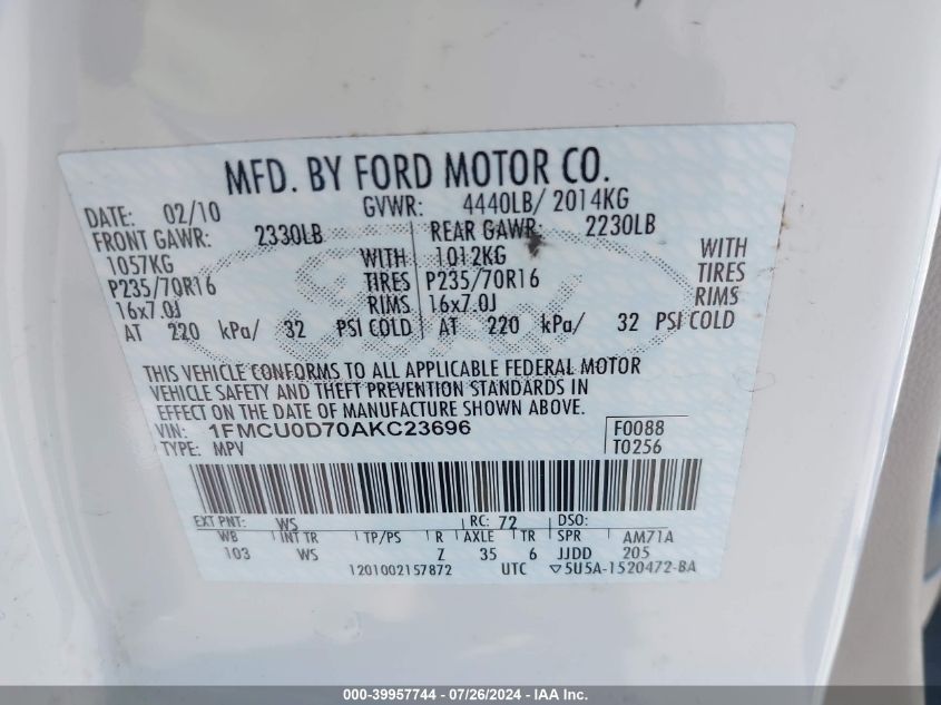 2010 Ford Escape Xlt VIN: 1FMCU0D70AKC23696 Lot: 39957744