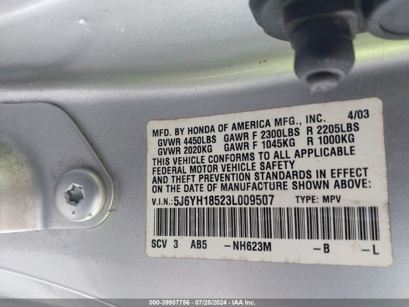 2003 Honda Element Ex VIN: 5J6YH18523L009507 Lot: 39957756
