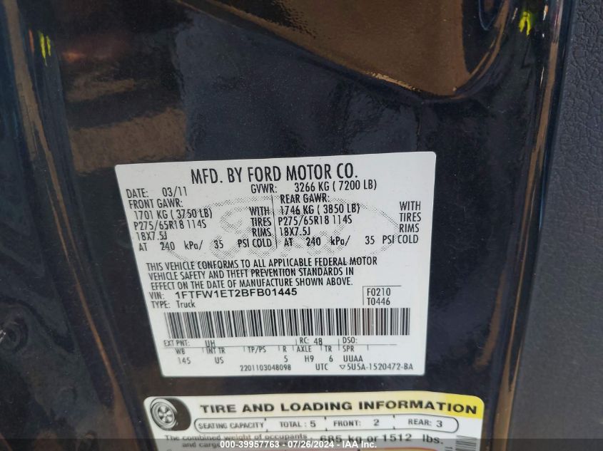 2011 Ford F150 Supercrew VIN: 1FTFW1ET2BFB01445 Lot: 39957763