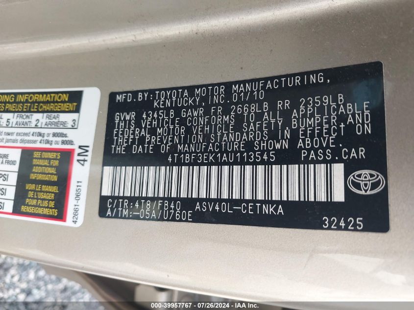 4T1BF3EK1AU113545 2010 Toyota Camry Se/Le/Xle