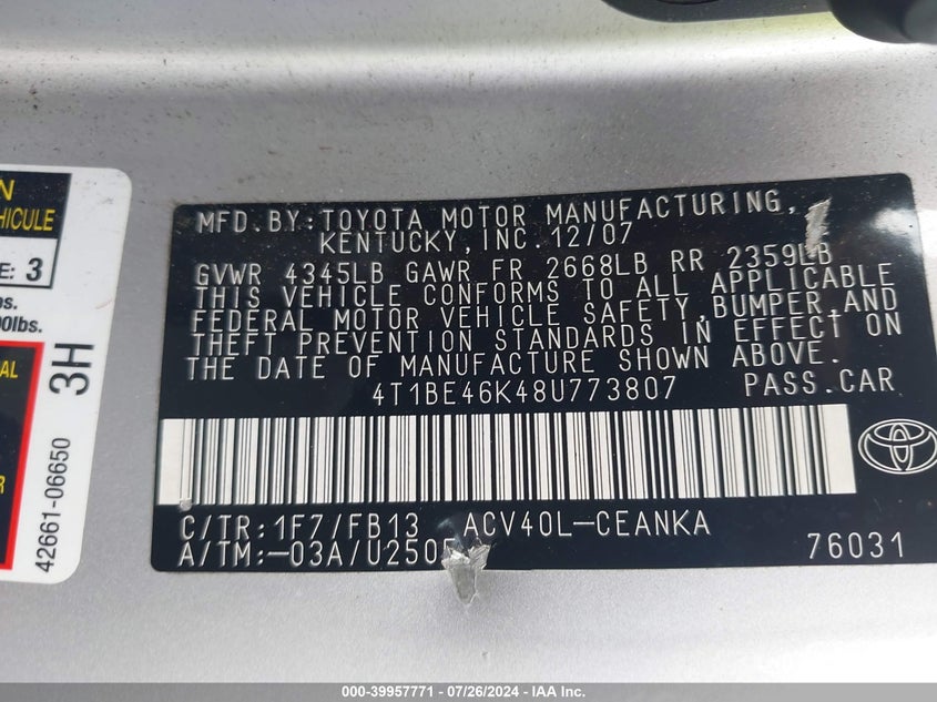 2008 Toyota Camry Le VIN: 4T1BE46K48U773807 Lot: 39957771