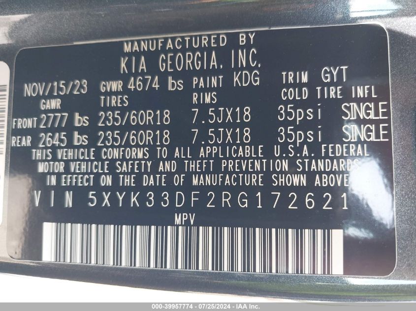 2024 Kia Sportage Ex VIN: 5XYK33DF2RG172621 Lot: 39957774